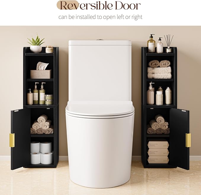 Yoobure Fluted Small Bathroom Storage Cabinet, Narrow Toilet Paper Cabinets | 7.9" D x 7.9" W, Wood Slim Corner Floor Cabinet with Door& Adjustable Shelf, Skinny Bathroom Organizer for Small Spaces,Black