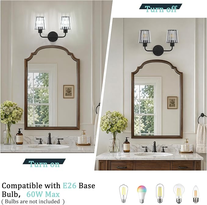 Black Vanity Lights, 2-Light Crystal Bathroom Light Fixtures | Modern Bathroom Vanity Light E26 Wall Light over Mirror (Exclude Bulb)
