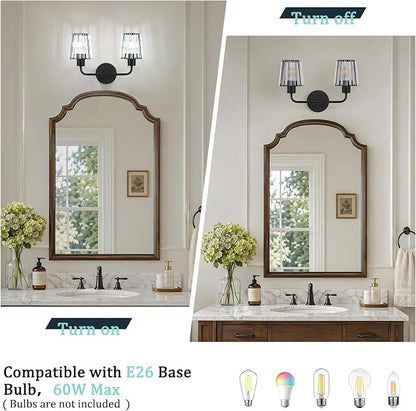 Black Vanity Lights, 2-Light Crystal Bathroom Light Fixtures | Modern Bathroom Vanity Light E26 Wall Light over Mirror (Exclude Bulb)