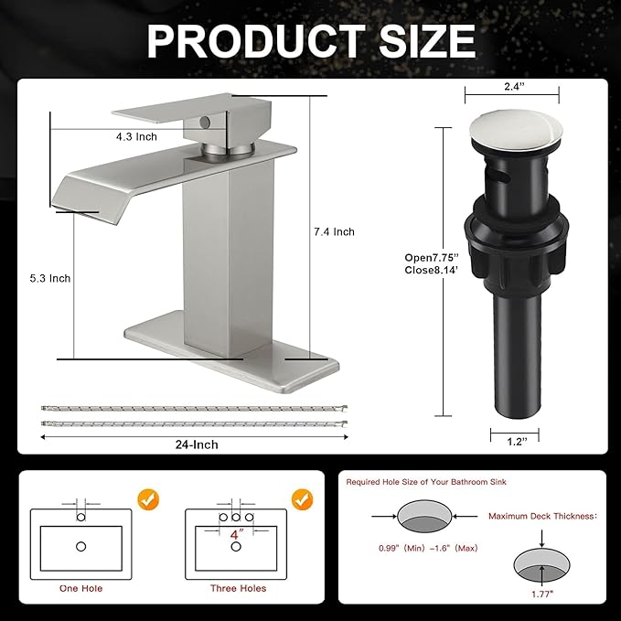 Brushed Nickel Waterfall Bathroom Faucet 1 Hole Deck Mount, Single Handle Bathroom Sink Faucet Modern Lavatory Single Hole Vanity Mixer Tap Commercial with Pop Up Drain