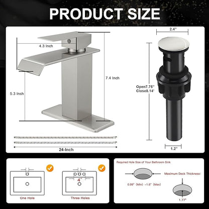 Brushed Nickel Waterfall Bathroom Faucet 1 Hole Deck Mount, Single Handle Bathroom Sink Faucet Modern Lavatory Single Hole Vanity Mixer Tap Commercial with Pop Up Drain