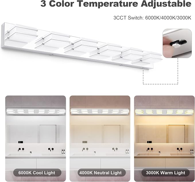 3 Color Temperature Dimmable Vanity Lights for Bathroom, LED Chrome 6 Light Vanity Lighting Fixtures, Acrylic Stainless Steel Square Shade Bathroom Light Fixtures over Mirror, ETL Certificated