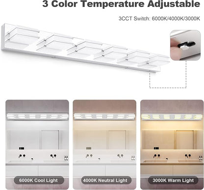 3 Color Temperature Dimmable Vanity Lights for Bathroom, LED Chrome 6 Light Vanity Lighting Fixtures, Acrylic Stainless Steel Square Shade Bathroom Light Fixtures over Mirror, ETL Certificated