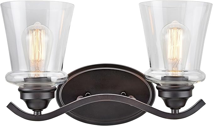 Aspen Creative 62116-2, Two-Light Metal Bathroom Vanity Wall Light Fixture, 15 1/2" Wide, Transitional Design in Oil Rubbed Bronze with Clear Glass Shade