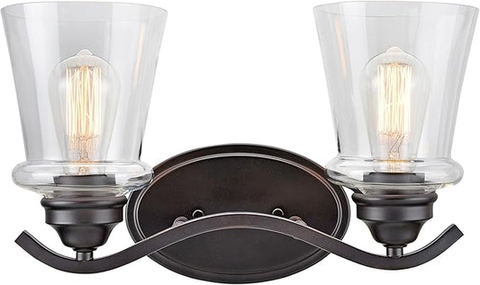 Aspen Creative 62116-2, Two-Light Metal Bathroom Vanity Wall Light Fixture, 15 1/2" Wide, Transitional Design in Oil Rubbed Bronze with Clear Glass Shade