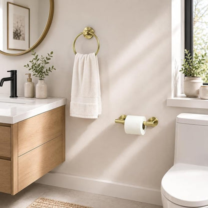 Toilet Paper Holder and Hand Towel Ring Bathroom Set | Brushed Gold,Stainless Steel,Wall Mount,Bathroom Accessories,Hand Towel Ring and Toilet Paper Holder Set,Easy to install