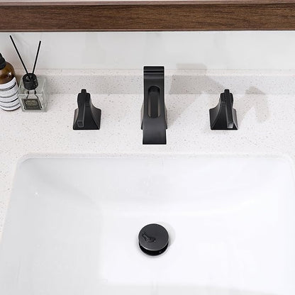 Matte Black Waterfall Bathroom Faucet 3 Hole, Brass 8 Inch Widespread Bathroom Sink Faucet Included Pop-Up Drain, 2 Handles & Pre-Connected cUPC Hose for Vanity, Modern Hollowed Design
