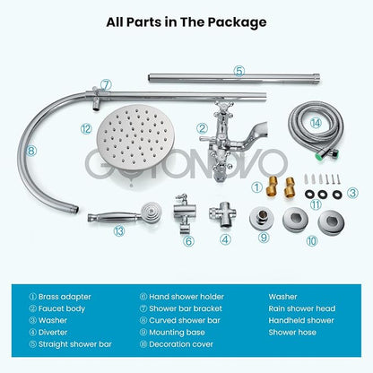 gotonovo Exposed Shower Faucet with Spout Polished Chrome,Curved Pipe | Brass Bathroom Exposed Shower System,8’’ Rain Head,Swivel Tub Spout 2 Cross Handle,Adjustable Handheld Sprayer,Wall Mount