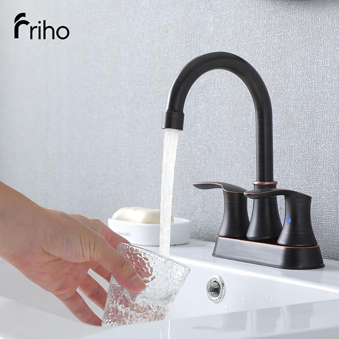 Friho Centerset Lead-Free Modern Commercial 2-Handle Oil Rubbed Bronze Bathroom Faucet, 3 Hole 4 inch RV Bath Vanity Faucets with Drain Stopper and Water Hoses