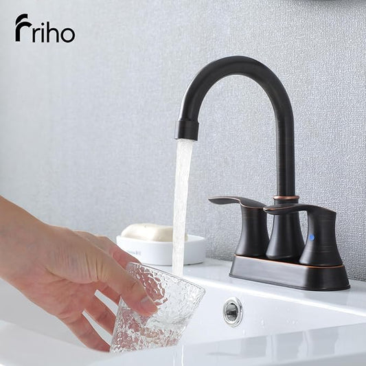 Friho Centerset Lead-Free Modern Commercial 2-Handle Oil Rubbed Bronze Bathroom Faucet, 3 Hole 4 inch RV Bath Vanity Faucets with Drain Stopper and Water Hoses