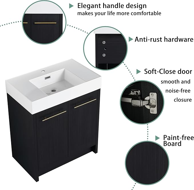 30 Inch Freestanding Bathroom Vanity,30" Bathroom Vanity with Sink,Modern Single Sink Bathroom Vanity Combo,Black Floor Stand Cabinet Set