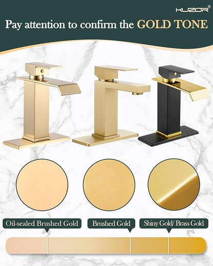 Black & Gold Waterfall Bathroom Sink Faucet – Single Hole 304 Stainless Steel Faucet with Metal Pop-Up Drain, Low-Profile Design for Modern Vanities