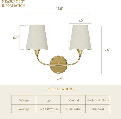 Morauroral Bathroom Light Fixtures Over Mirror, 2 Light Vanity Lights for Bathroom, Gold Vanity Lighting Fixtures with Fabric Linen Shade, E26 Socket Modern Sconce Wall Decor (ETL Listed)
