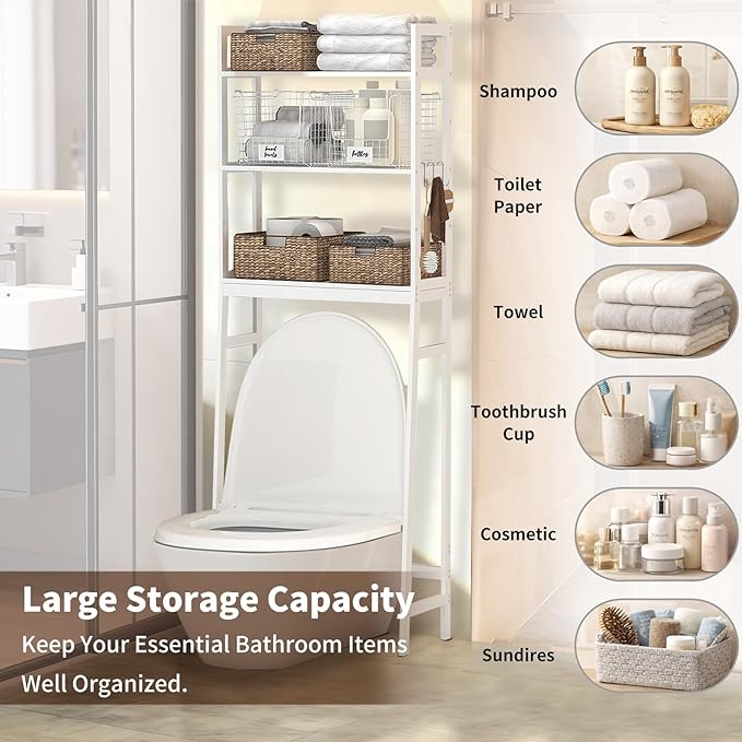 BAMBANG Over The Toilet Storage Rack, 3-Tier Over The Toilet Storage Shelf with 3 Hooks, Freestanding Above Toilet Bathroom Organizer Shelves for Space Saver Storage, Bamboo White