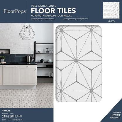 FloorPops FP2481 Kikko Peel Stick Floor Tiles, White & Off-White