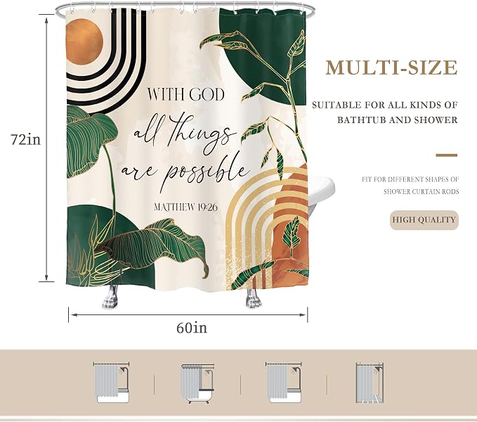 Green Boho Bible Shower Curtain Christian Scripture Bathroom Curtain Set | Verse Inspirational Quotes Abstract Tropical Palm Mid Century 60Wx72L Bathroom Decor Waterproof Fabric with Free Hooks