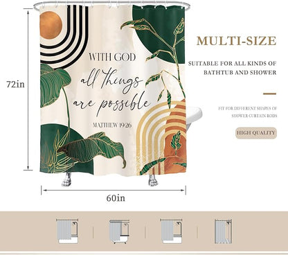 Green Boho Bible Shower Curtain Christian Scripture Bathroom Curtain Set | Verse Inspirational Quotes Abstract Tropical Palm Mid Century 60Wx72L Bathroom Decor Waterproof Fabric with Free Hooks