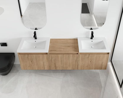 Malwee 72'' Floating Bathroom Vanity with Double Sink, Brown | Wall Mounted Double Sink Combo, Plywood Cabinet, Resin Basin, Ample Storage, Soft-close Hinge, Assembly Required