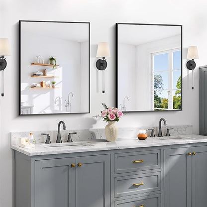 Black Bathroom Mirror for Wall, 24x32 Inch Rectangle Mirror with Metal Frame, Modern Vanity Mirrors for Bathroom Living Room, Entryway Hangs Horizontal or Vertical