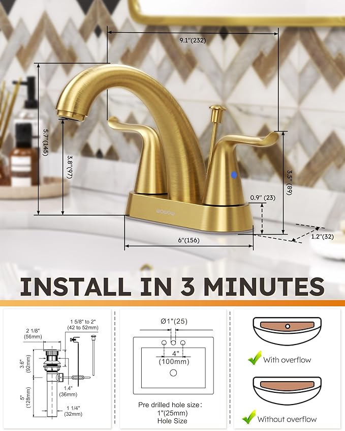 WOWOW 4 Inch Bathroom Sink Faucet - Brushed Gold Centerset Vanity Faucet with Lift Rod Drain Modern Mixer Tap for Rv Sink