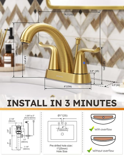 WOWOW 4 Inch Bathroom Sink Faucet - Brushed Gold Centerset Vanity Faucet with Lift Rod Drain Modern Mixer Tap for Rv Sink