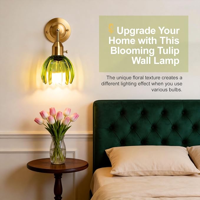 Vintage Wall Sconces Set of 2 with Green Tulip Glass Lampshade, Hardwired and Wireless Wall Mounted Light Fixtures (2 Usage Methods), Gold Lamp with Switch for Bedside Bedroom Living Room Wall Decor
