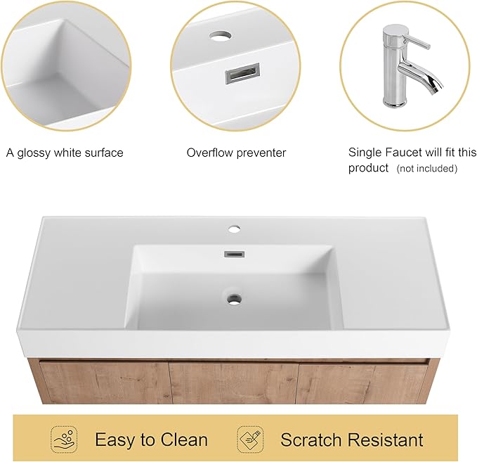 Malwee 48 Inch Floating Bathroom Vanity with Sink, 48'' Single Sink Wall Mounted Bathroom Vanity, with 2 Doors and White Resin Basin Top, Wall Hung Storage Cabinet Set (035-48)