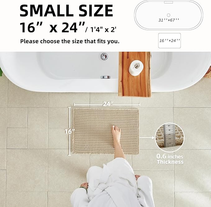 TYUU Waffle Bath Mat, Small Boho Bathroom Rugs Non Slip 24x16 Pale Beige | Super Absorbent Quick Dry Bath Rug, Non-Slip Backing, Soft Waffle Washable Farmhouse Bathroom Mats, Tub, Shower & Home Decor