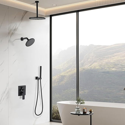 Rain Shower System Matte Black - 3-Function Shower Set, Ceiling & Wall Mount Combo with High-Pressure 2-in-1 Handheld, 30-Minute Easy DIY Install