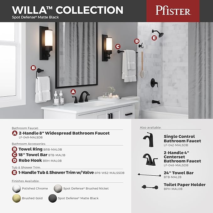 Pfister Willa Bathroom Sink Faucet, 8-Inch Widespread, 2-Handle, 3-Hole, NSF Certified, Spot Defense Matte Black Finish, LF049MALSDB