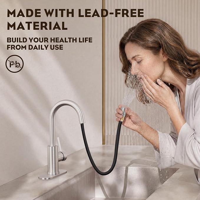 High Arc Pull Out Sprayer Bathroom Faucet,Brushed Nickel Single Handle Pull Down Faucet with Pop-Up Drain,1 or 3 Hole 2 Model RV Bar Laundry Utility Sink Faucet with Deck Plate, WE08CL-ZY-BN