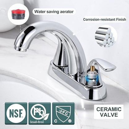 Chrome Centerset Bathroom Faucet: ALEASHA 4 Inch Centerset Bathroom Faucet, 2 Handles Washroom Sink Faucets with Pop Up Drain Stopper, RV Lavatory Vanity Faucets with Aesthetic Appeal