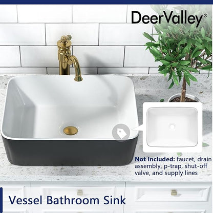 DeerValley DV-1V0001 Bathroom Vessel Sink 19" x 15" Above Counter Sink Rectangle Ceramic Bathroom Sink, Black and White Sinks