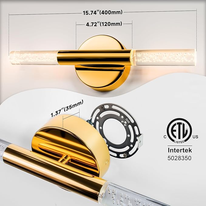 LED Bathroom Vanity Lights,16 inch Bathroom Light Fixtures Over Mirror,3000K Natural Warm Light, ETL＆UL Listed, Modern Wall Sconce for Bedroom,Living Room,Hallway,Gold