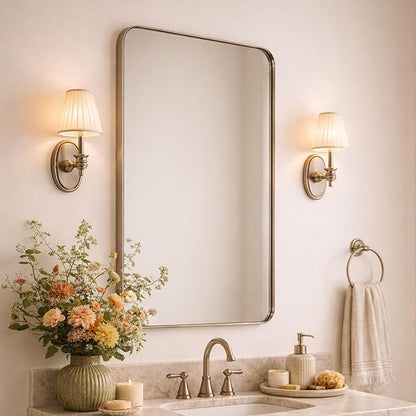 GRACTO 24x40'' Chrome Metal Framed Bathroom Mirror for Wall in Stainless Steel Rounded Rectangular Bathroom Vanity Mirrors Wall Mounted