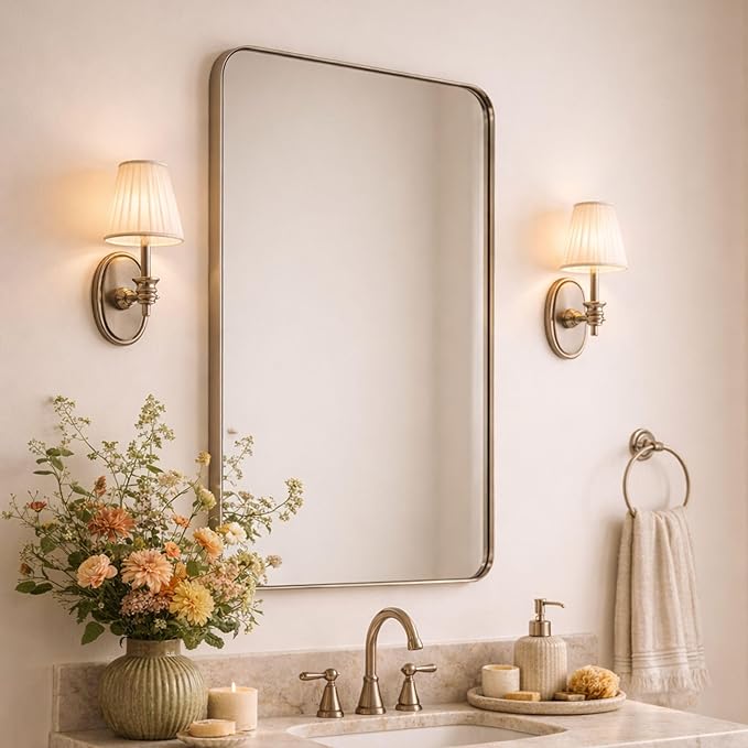 GRACTO 24x40'' Brushed Nickel Metal Framed Bathroom Mirror for Wall in Stainless Steel Rounded Rectangular Bathroom Vanity Mirrors Wall Mounted