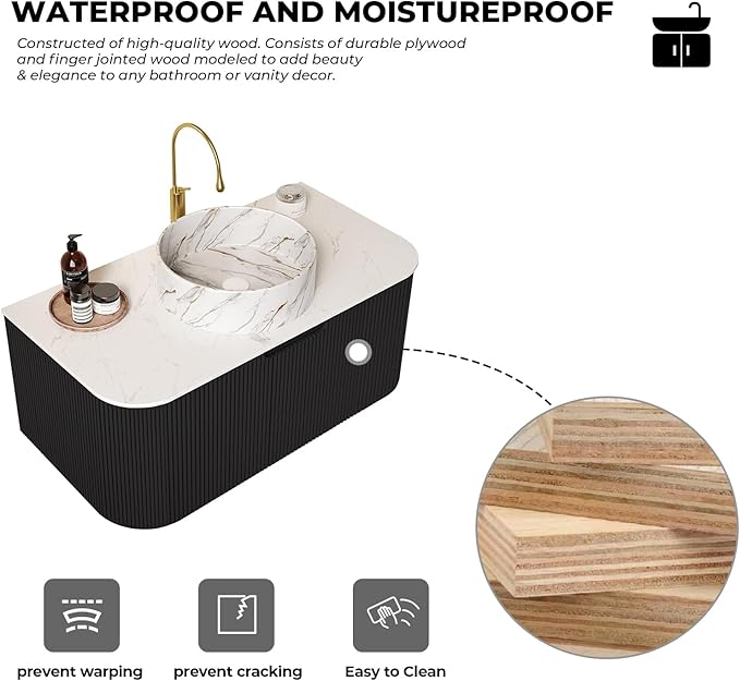 LKTART 36 Inch Floating Bathroom Vanity with Sink, Modern Wall Mounted Bathroom Storage Cabinet with Drawer, Stone Pattern Round White Ceramic Sink Top and Marble Texture Top, Black