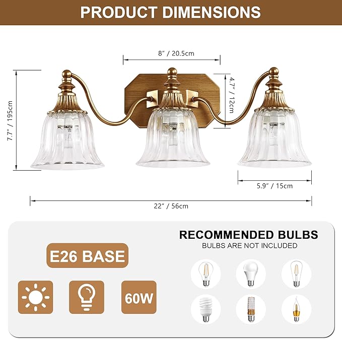 Gold Vintage Bathroom Light Fixtures, 3-Lights Bathroom Vanity Light, Antique Brushed Gold Lighting Fixtures Over Mirror with Crystal Glass Shade, Wall Sconce Lighting