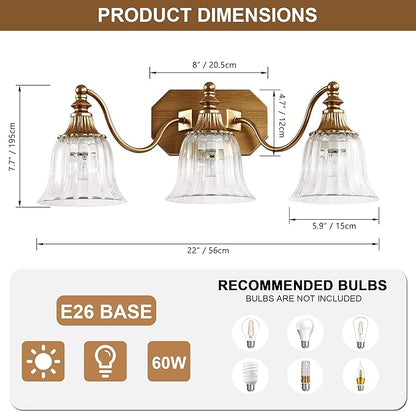 Gold Vintage Bathroom Light Fixtures, 3-Lights Bathroom Vanity Light, Antique Brushed Gold Lighting Fixtures Over Mirror with Crystal Glass Shade, Wall Sconce Lighting