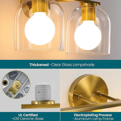 WOSHITU Bathroom Vanity Light Fixtures: 14.2 Inch Modern Gold Bathroom Light Fixtures Over Mirror with Clear Glass Shade, Brushed Gold 2 Light Wall Mount Sconces Above Mirror