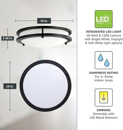 Designers Fountain Flush Mount Ceiling Light, 10 Inch Round LED DC Lighting Fixture Kitchen, Bedroom, Bathroom, and Hallway, Dimmable, 1150 Lumens, 3000K/4000K/5000K, Matte Black, EV1410C3C-43