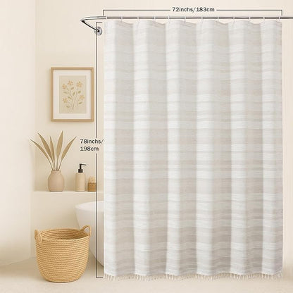 Linen Shower Curtain 78 Inch Long, Boho Farmhouse Thick Striped Fabric Hotel Shower Curtain with Tassel, Minimalist Textured Weighted Machine Washable Bathroom Decor, 72Wx78L Inches