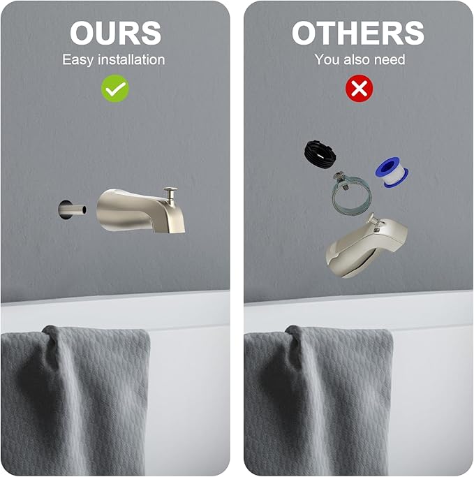 Bathtub Tub Spout with Diverter 5 Inch – Universal Front Diverter Tub Faucet Replacement, Metal Brushed Nickel Finish, 1/2 Inch Copper Pipe Connection, Bath Spout for Shower and Bathtub