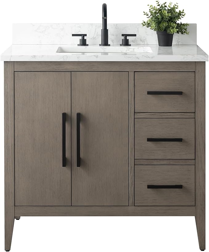 HomeBeyond 36 Inch Bathroom Vanity with Sink & Ceramic Top, Single Vanity Cabinet with Basin, Soft-Closing Doors & Matte Black Hardware, Driftwood Gray