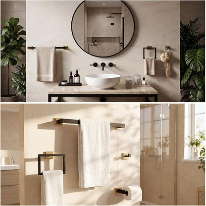 Gisafai 30 Pcs Black Gold Bathroom Hardware Accessories Set 23.6 Inch Bath Towel Bar Kit Stainless Steel Bathroom Hardware Set Towel Racks Ring Robe Hooks Paper Holder for Wall Mounted