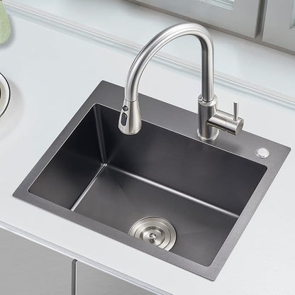 Black Topmount Kitchen Sink - 24”×18” Single Bowl Sink | 9 Inch Deep Handmade Bar Sink with Strainer, Stainless Steel 304, Center Drain, X-Groove Drainage, Sound-Dampening Pad