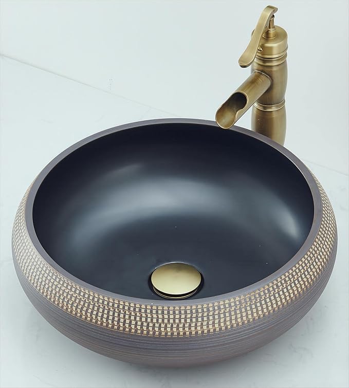 16 Inch Round Vessel Sink - Brown & Black Porcelain Ceramic Art Basin, Handmade Countertop Bathroom Sink Bowl
