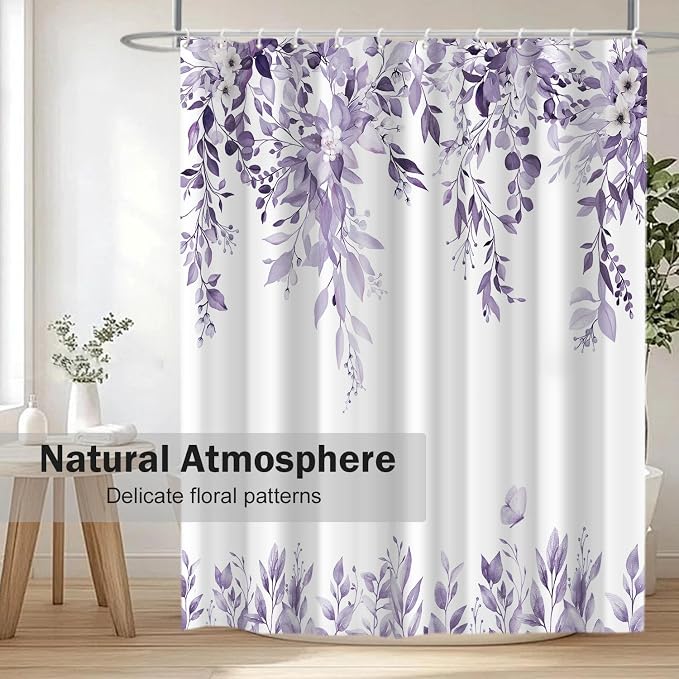 Light Purple Floral Eucalyptus Shower Curtain with Hooks, 72x78 Inch