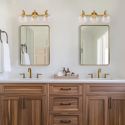 Bruhsed Gold Bathroom Light Fixtures, Gold 3 Light Bathroom Vanity Lights, 3 Lights Wall Light with Globe Clear Lampshade, Vintage Brass Sconce with Metal Lamp Body for Bedroom, Living Room