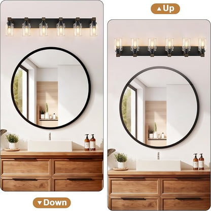 Farmhouse 6-Light Bathroom Vanity Light Fixtures, Black and Wood | 43.3″ Rustic Matte Black Metal Frame, Clear Glass Shades, Vintage Wall Sconces Lighting Over Mirror, for Bathroom Restroom